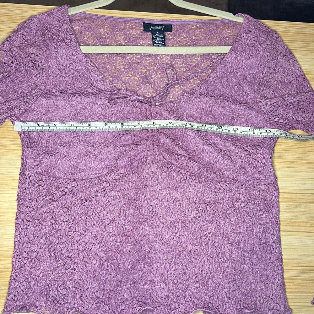 Y2K Sheer Lace Tie Front Top Pink Lettuce Hem Long Sleeve Boho Whimsygoth Fairy - Picture 6 of 6